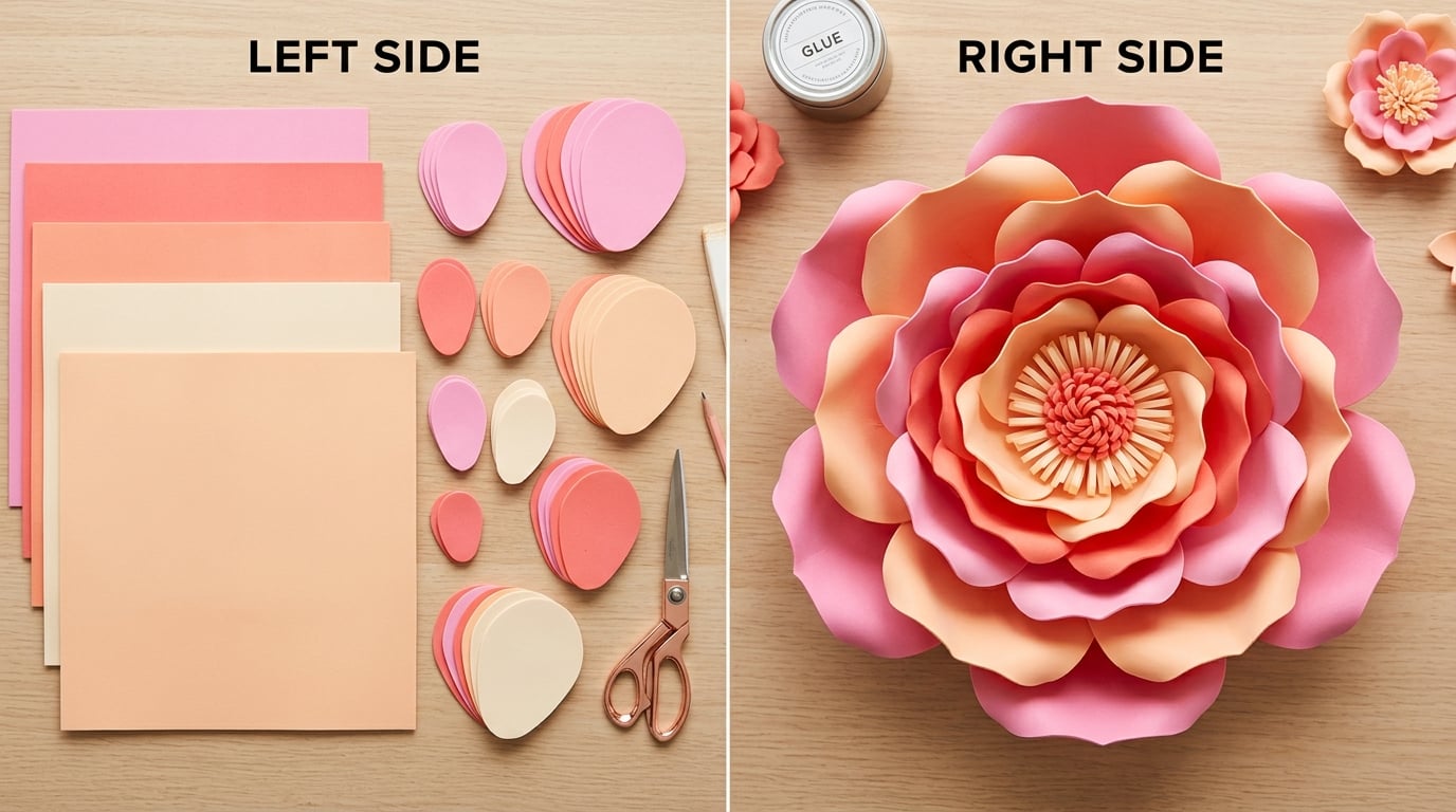 Before and after showing flat EVA foam petals transforming into a finished dimensional giant foam flower