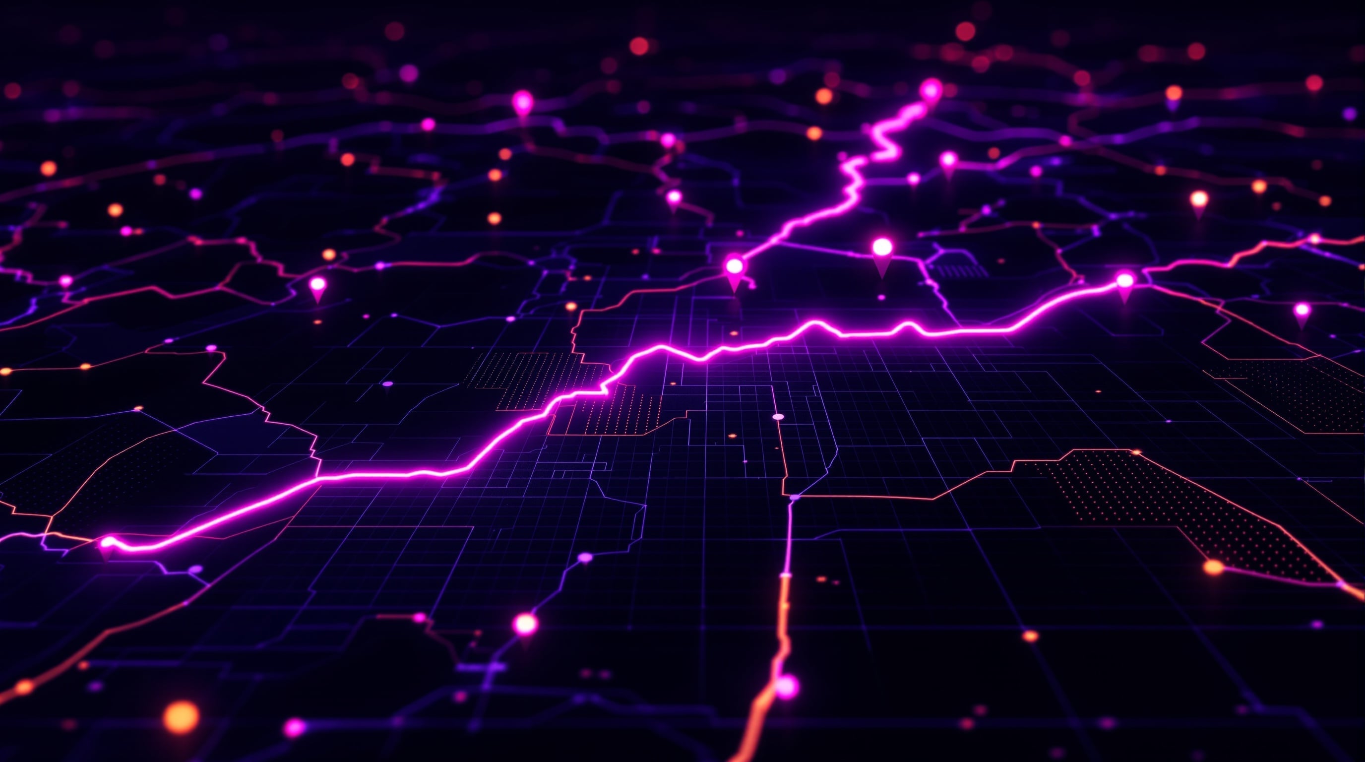 Mapa digital com rota de ciclismo em tons de roxo e rosa