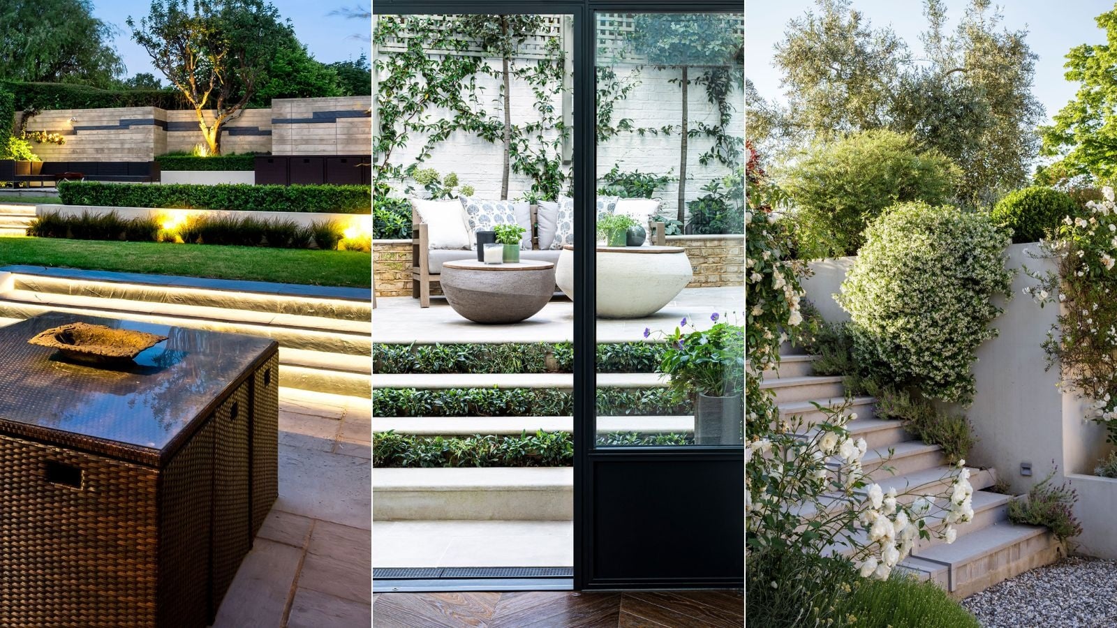 Multi-level patio design with steps and built-in seating