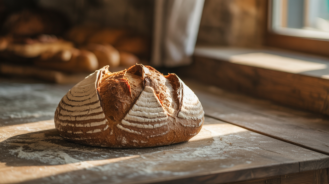 Artisan sourdough bread on rustic table