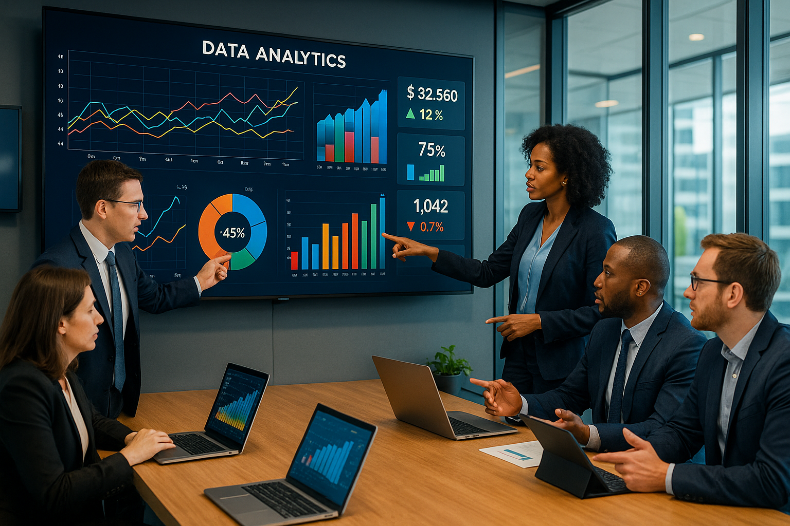 Dashboard de análise de dados, equipe analisando métricas