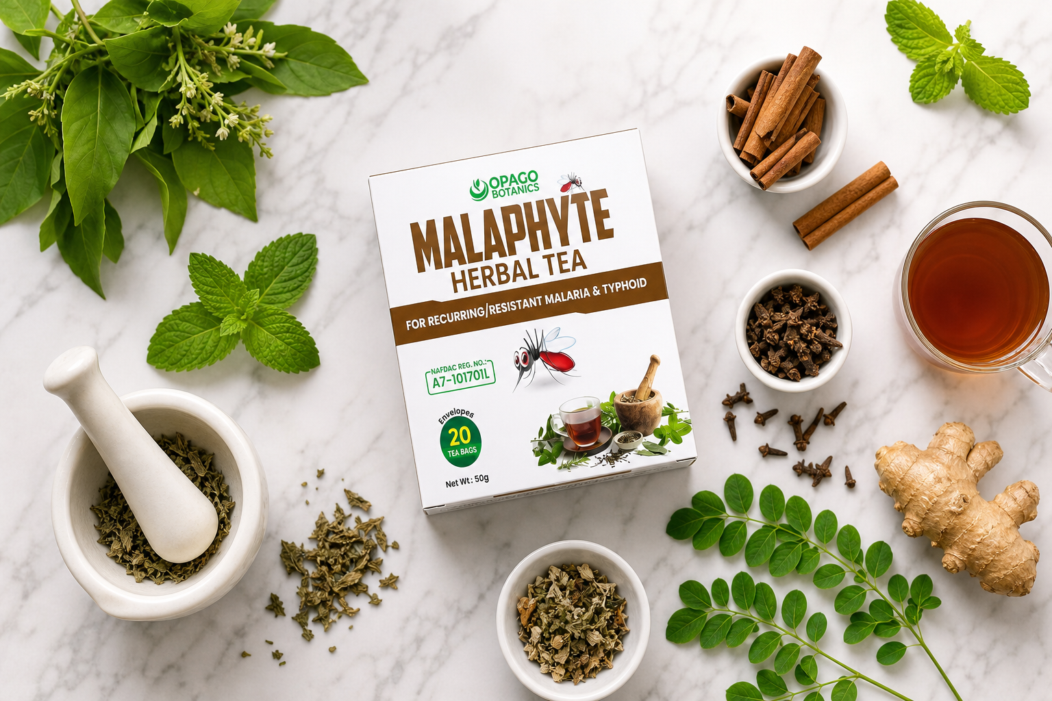 Malaphyte Herbal Tea surrounded by fresh natural herbs and ingredients