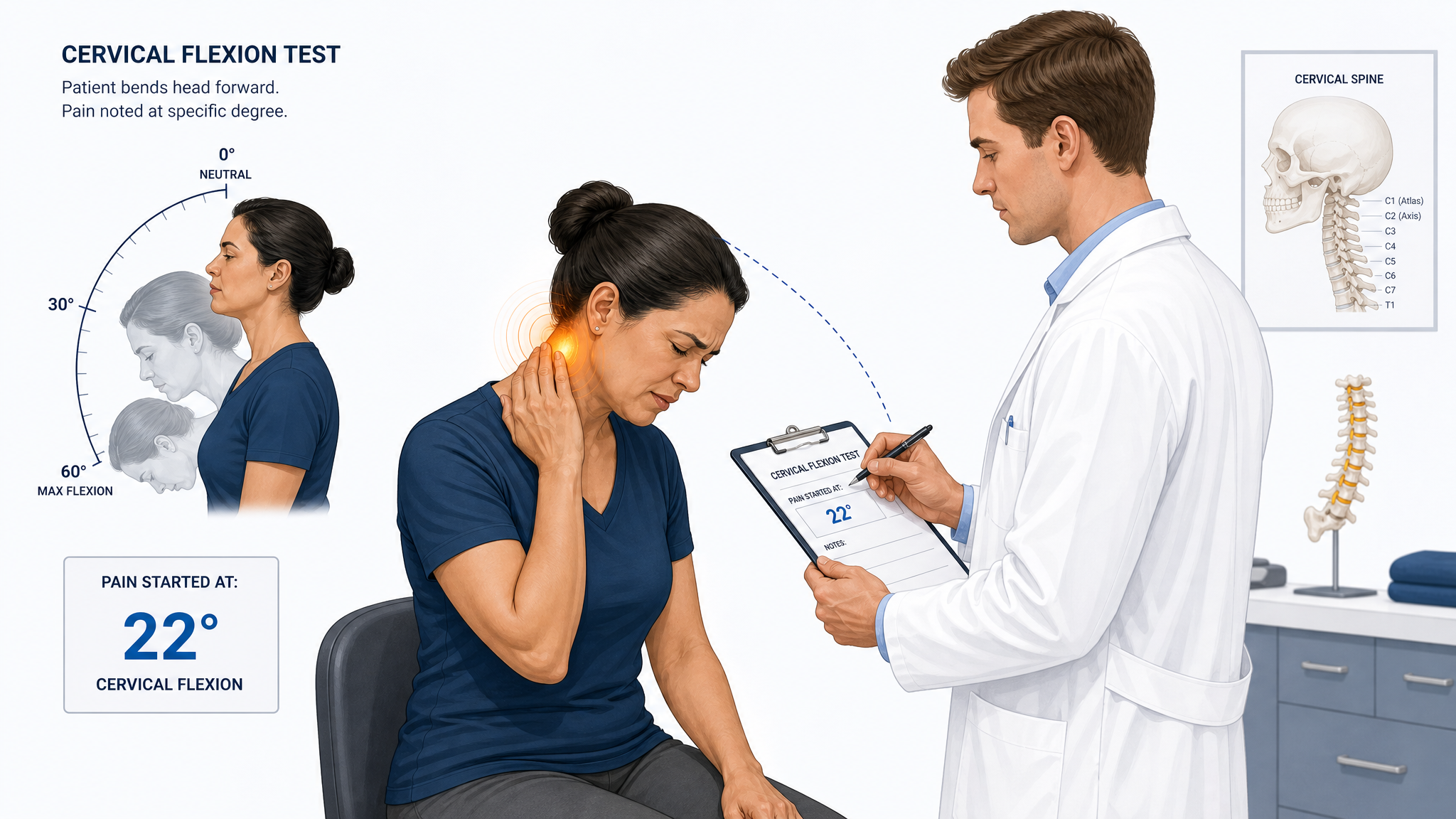 Patient wincing during spinal flexion while the clinician pauses to record the degree at which pain begins
