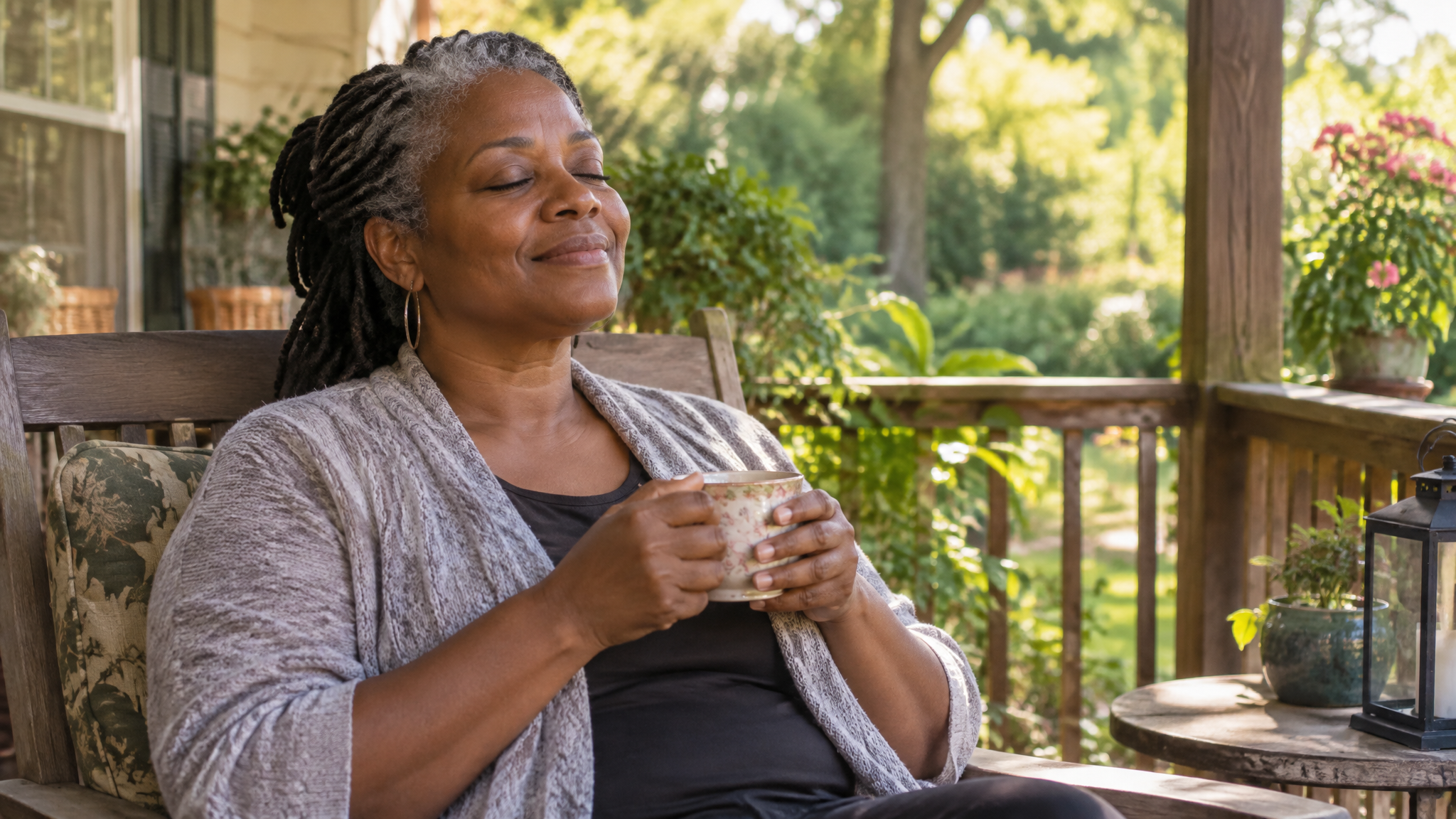 A caregiver resting on her back porch with a cup of tea, eyes closed, during a respite break