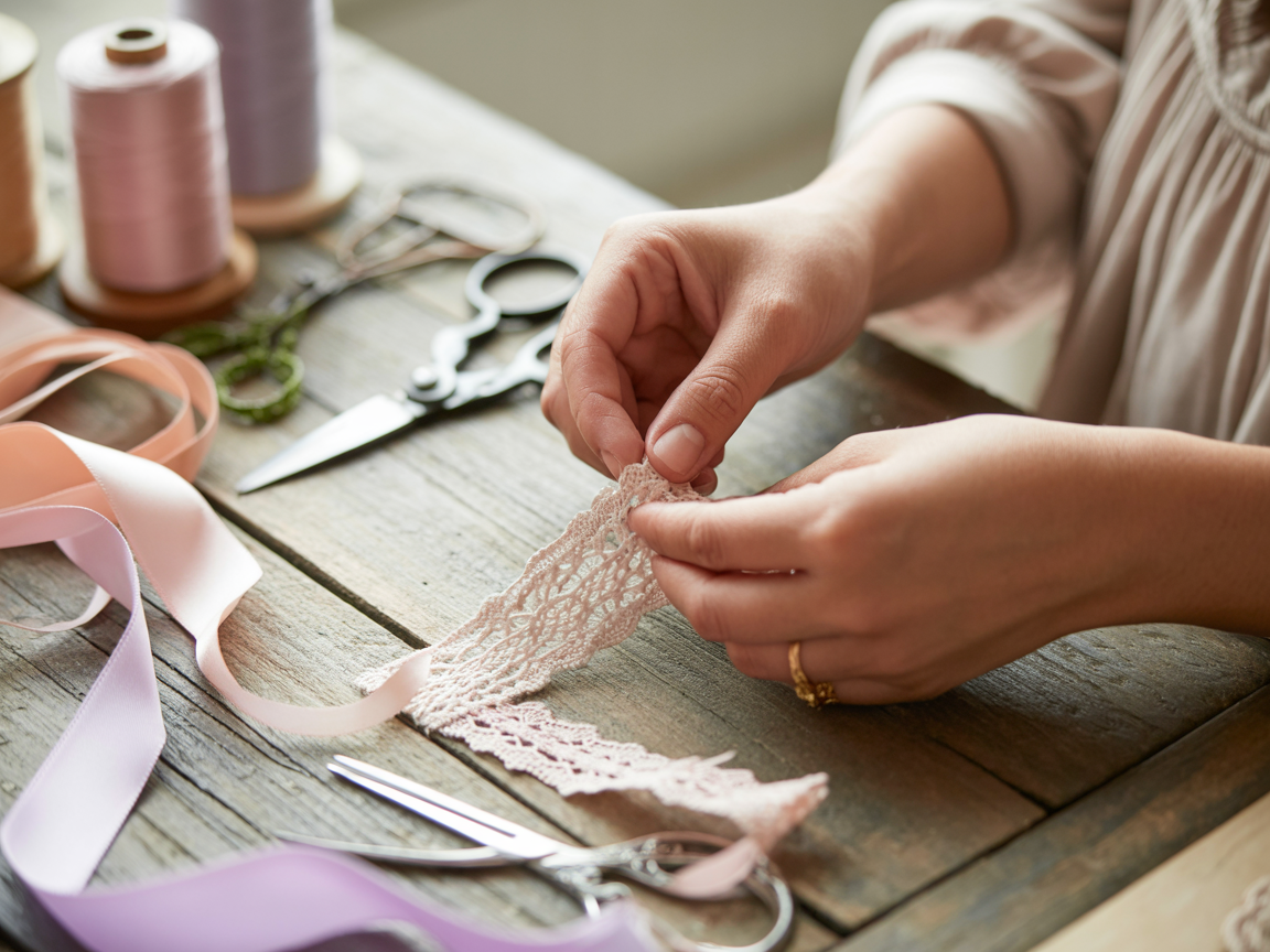 Gentle hands crafting with vintage materials, capturing the warmth of creative community spirit