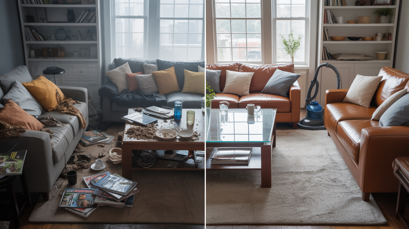 Before and after living room cleaning transformation