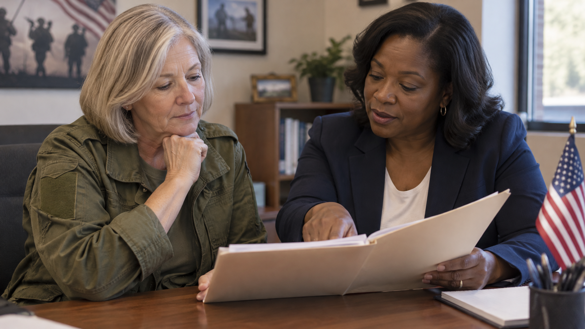 A woman veteran in an olive unit jacket reviewing a folder of papers with a woman advocate