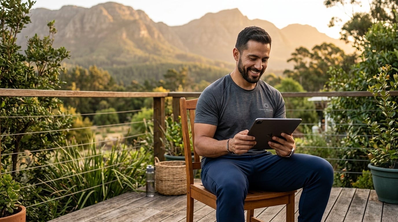 Wellness coach reviewing business metrics on tablet