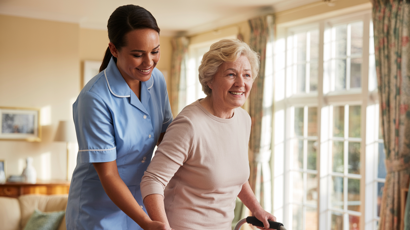 Professional carer assisting an elderly woman with walking in a bright British living room
