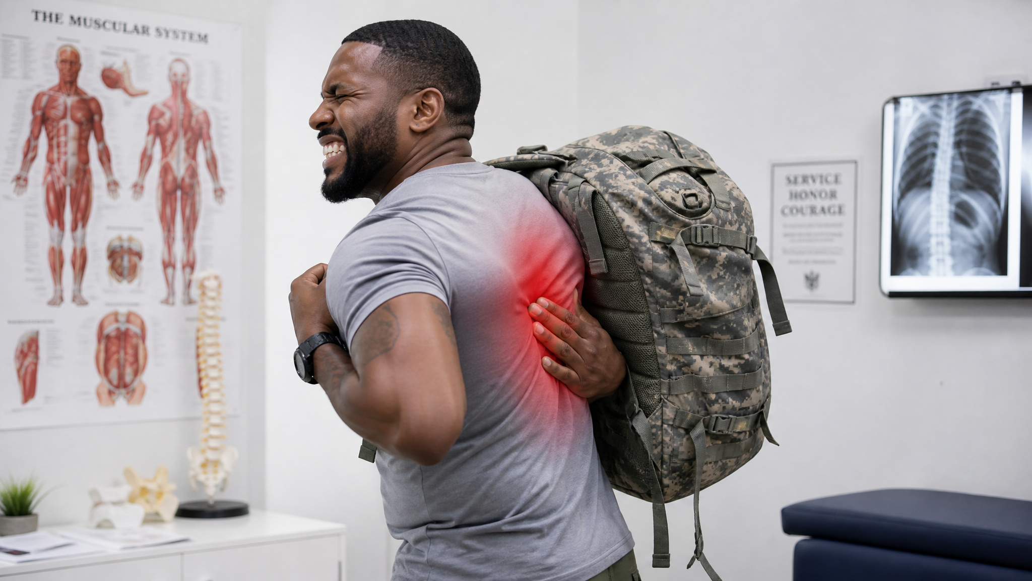 Clinical teaching photograph of a veteran struggling to shoulder a heavy rucksack, wincing with a hand pressed to his mid-back and a red hotspot over the thoracic spine