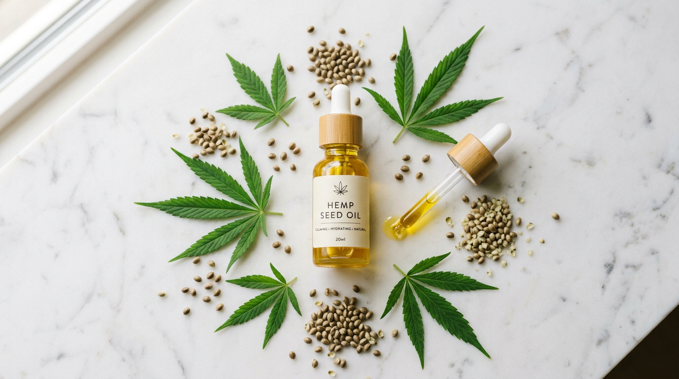 Natural hemp extract ingredients including hemp seeds and CBD oil