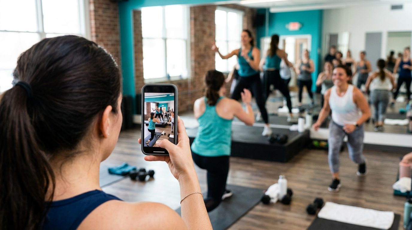 Smartphone filming a group fitness class for social media