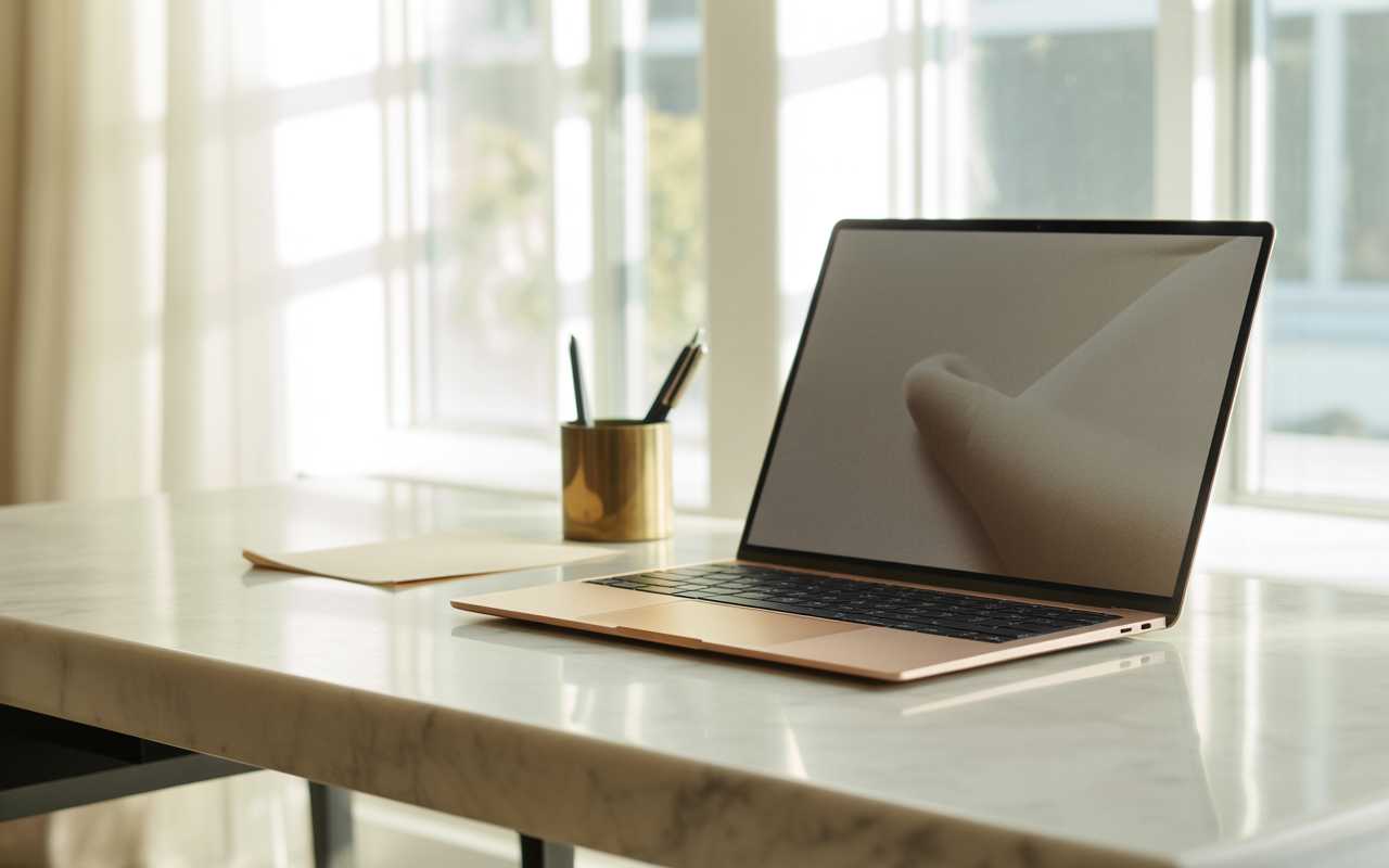 Heller, minimalistischer Arbeitsplatz mit Laptop auf einem Marmortisch am sonnendurchfluteten Fenster