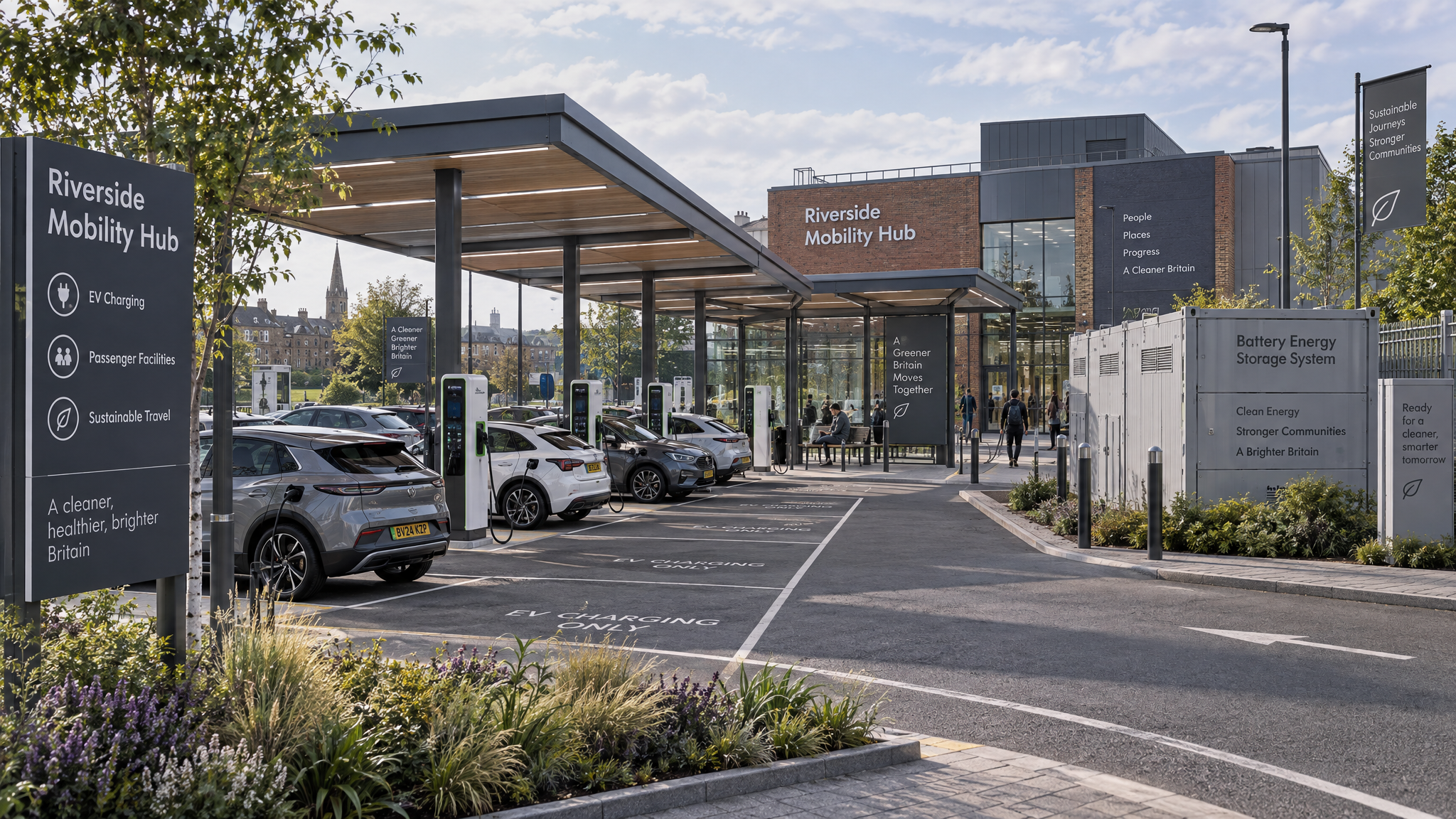 Concept rendering of a British mobility hub with autonomous electric road vehicles at covered charging bays, a passenger waiting area, operations building and battery energy storage