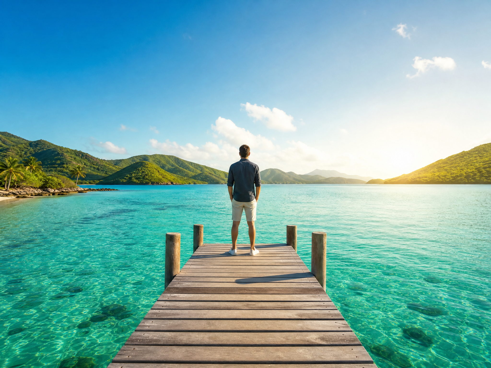 Person standing on a wooden dock over crystal clear turquoise water looking toward a bright horizon with green hills