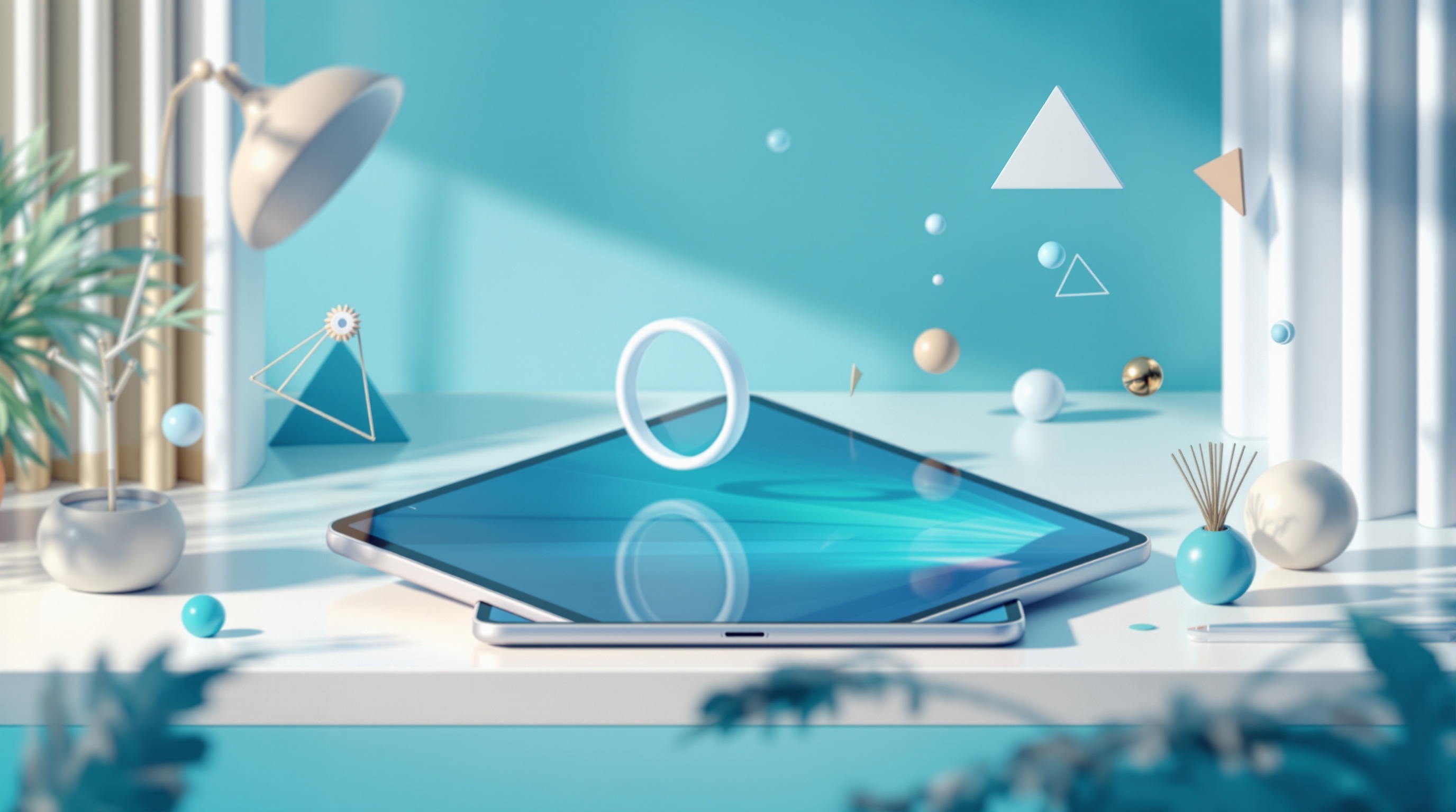 Ilustración editorial de iPad Pro en escritorio estilizado con lupa y decoraciones geométricas artísticas