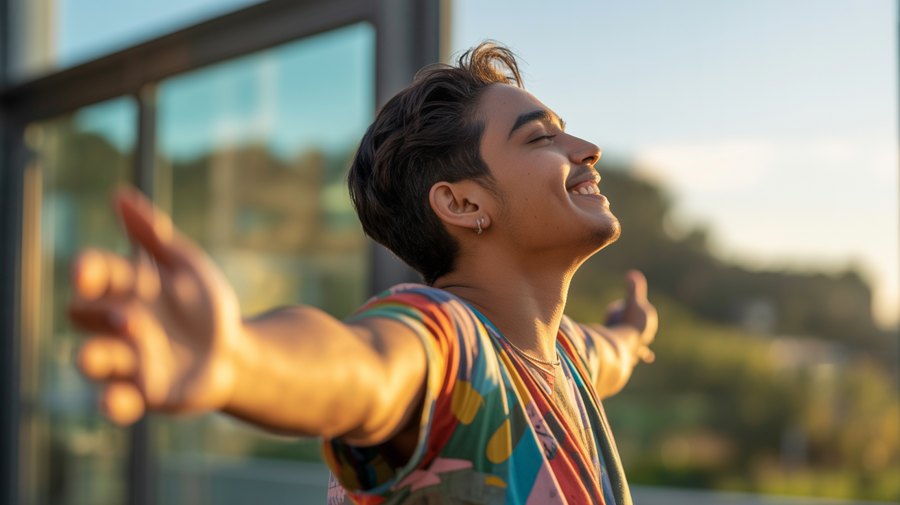 A joyful South Asian gender non-conforming person with arms outstretched, face tilted toward golden light, embodying liberation and authentic self-expression