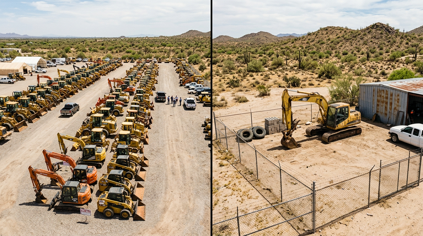 Equipment auction lot beside a contractor yard of used construction machines