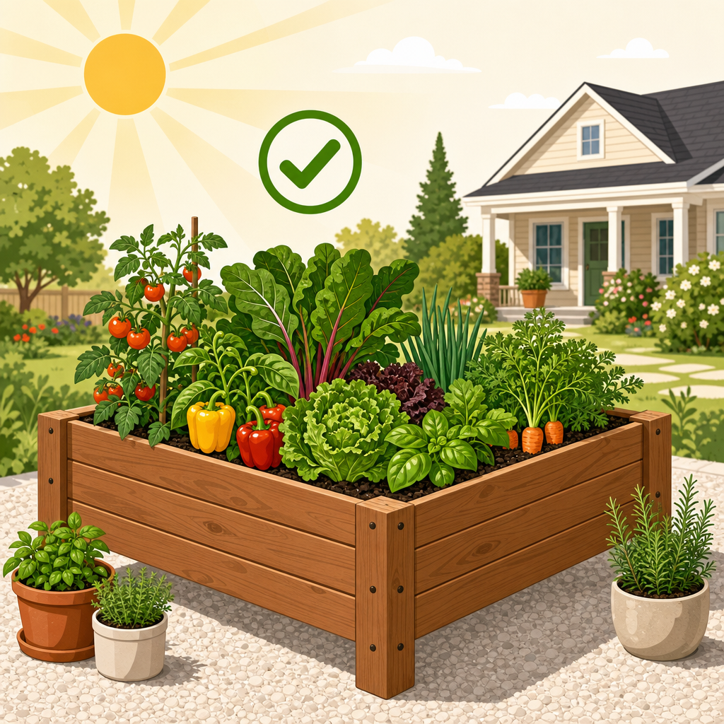 A freestanding raised cedar planter box on a patio, a safe distance from the house