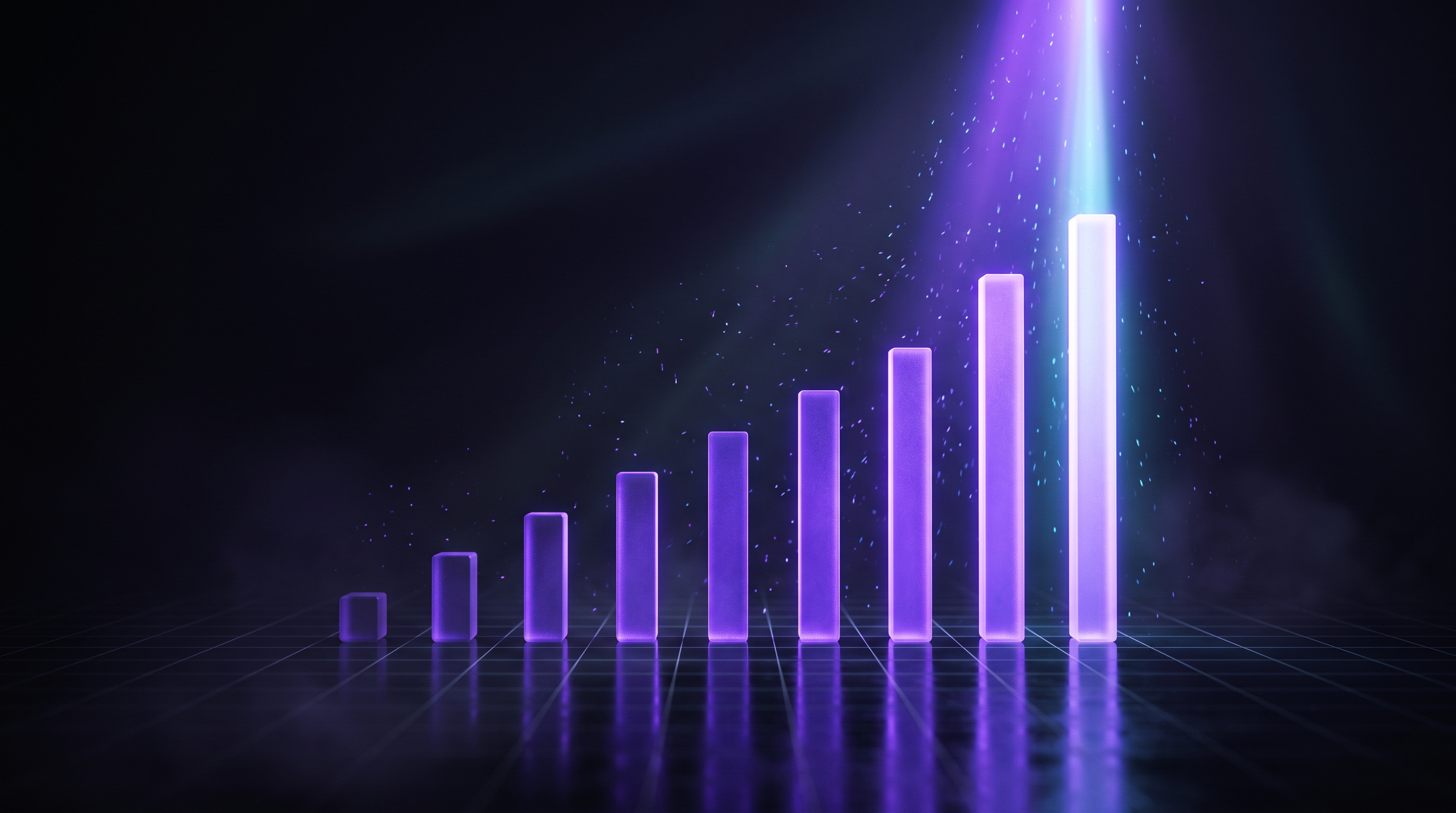 A rising row of glowing violet bars on a dark grid, with the tallest bar lit from above by a beam of light