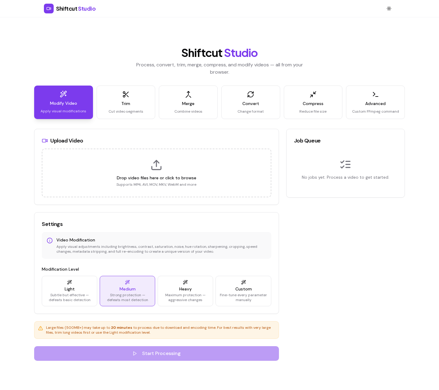 Shiftcut Studio video processing interface with editing tools