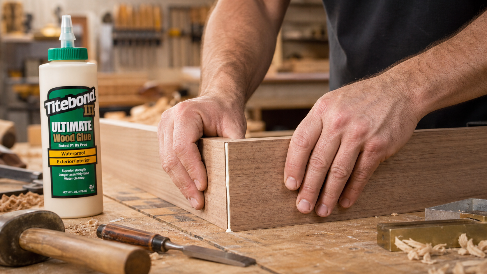 Aplicación de pegamento Titebond III en unión de madera en taller de carpintería