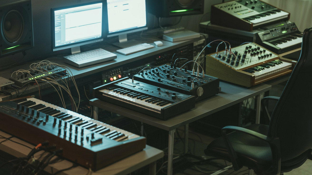 Dark moody music production studio with glowing monitors and synthesizers