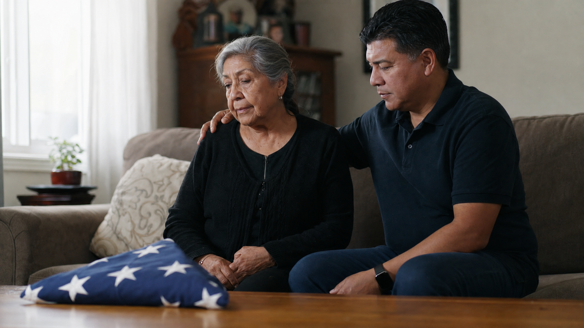 A senior Latina widow being comforted by her adult son, with a folded American flag on the table