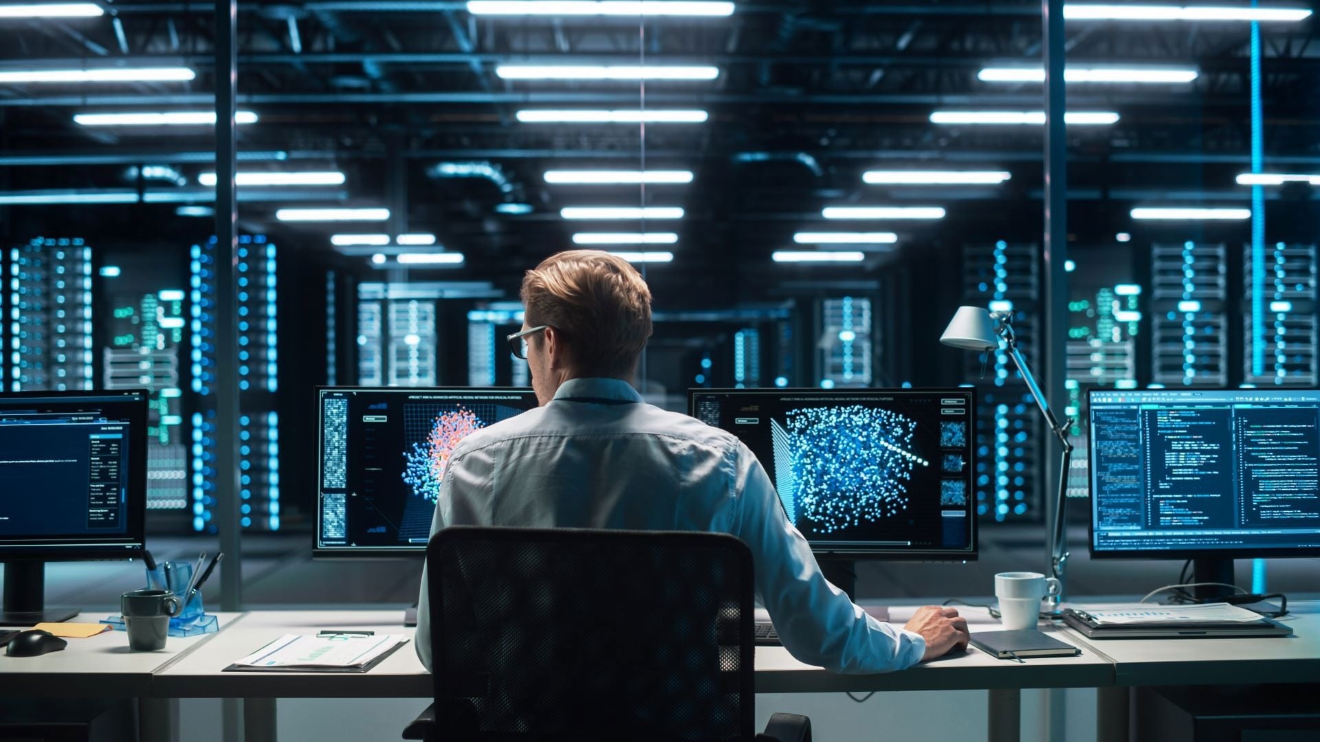 Modern technology workspace with AI visualization