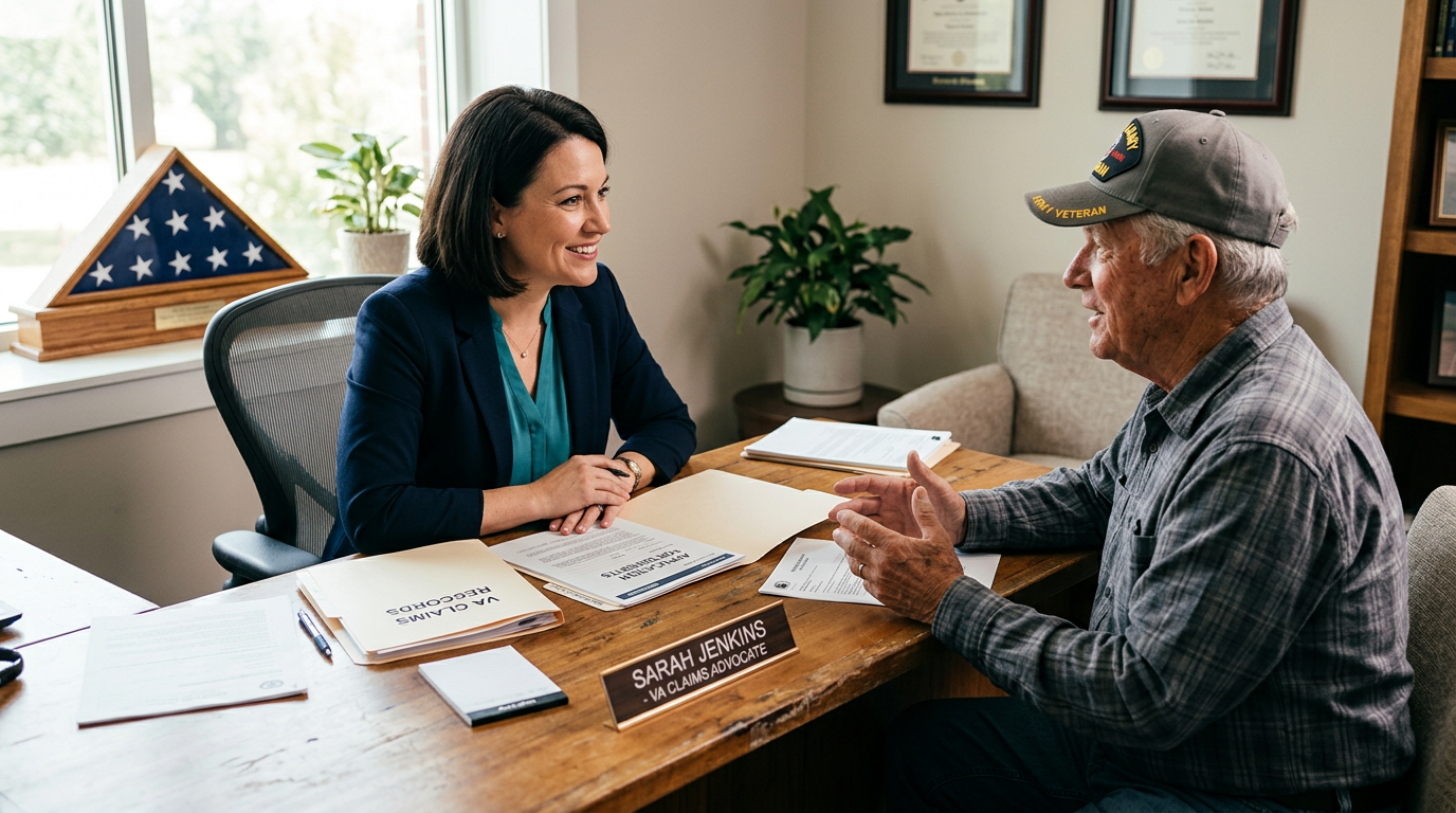 A VA-accredited claims advocate listening to a military veteran across a desk