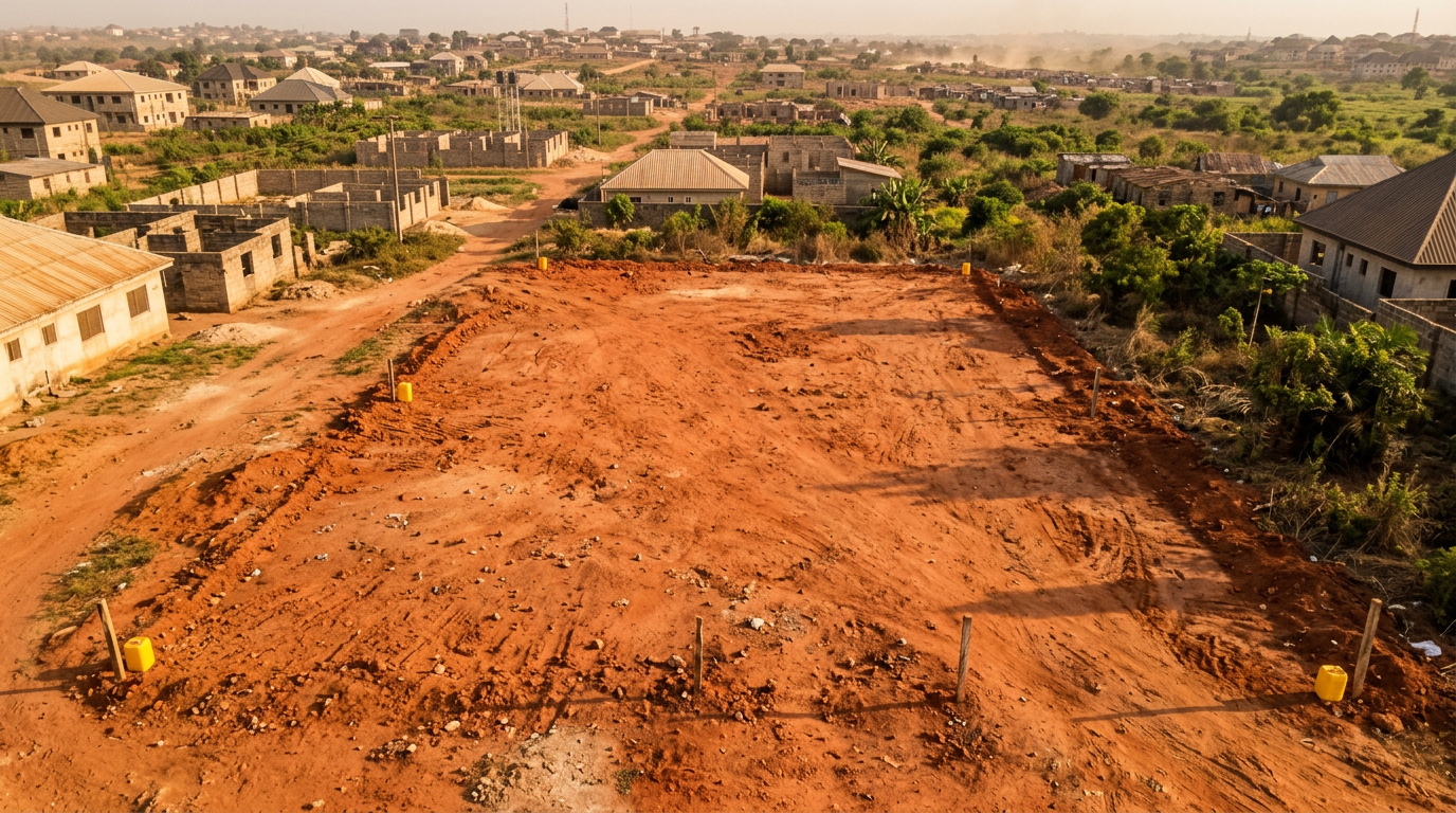 Dry cleared red earth land with survey beacons in a developing Nigerian community