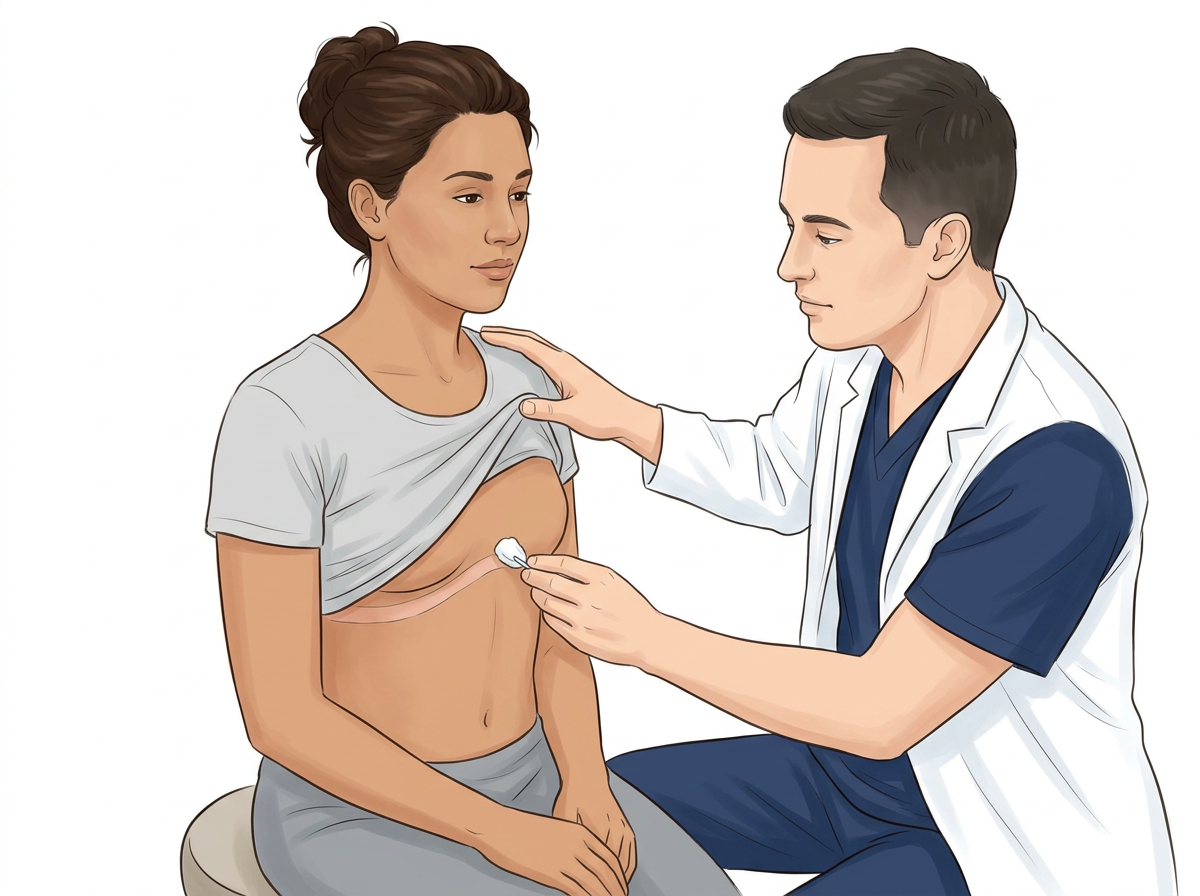Illustration of a clinician testing sensation along a seated patient's rib bands with a light-touch wisp