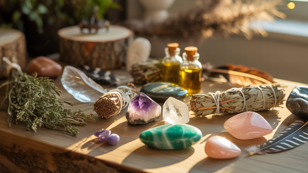 Ancient healing herbs and crystals arranged in golden light