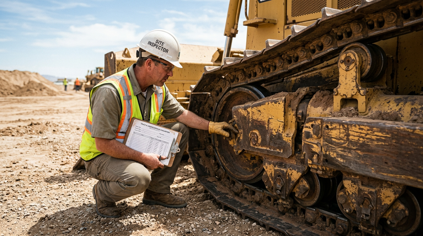 Inspector with a tablet rating the undercarriage of a used bulldozer