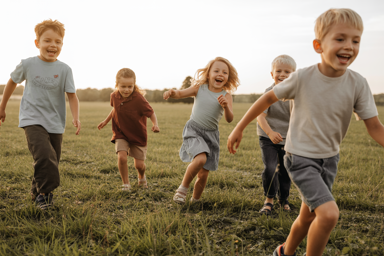 Children playing joyfully in golden sunlight