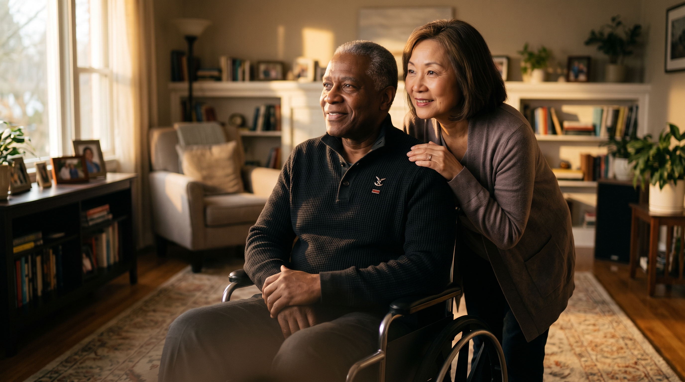 A service-connected veteran who uses a wheelchair at home with his spouse — the kind of daily-care situation SMC is designed to support