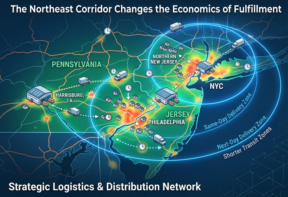 Revive Strategic Logistics and Distribution Network map showing the Northeast corridor with NYC, New Jersey, Philadelphia, and Pennsylvania coverage including same-day and next-day delivery zones