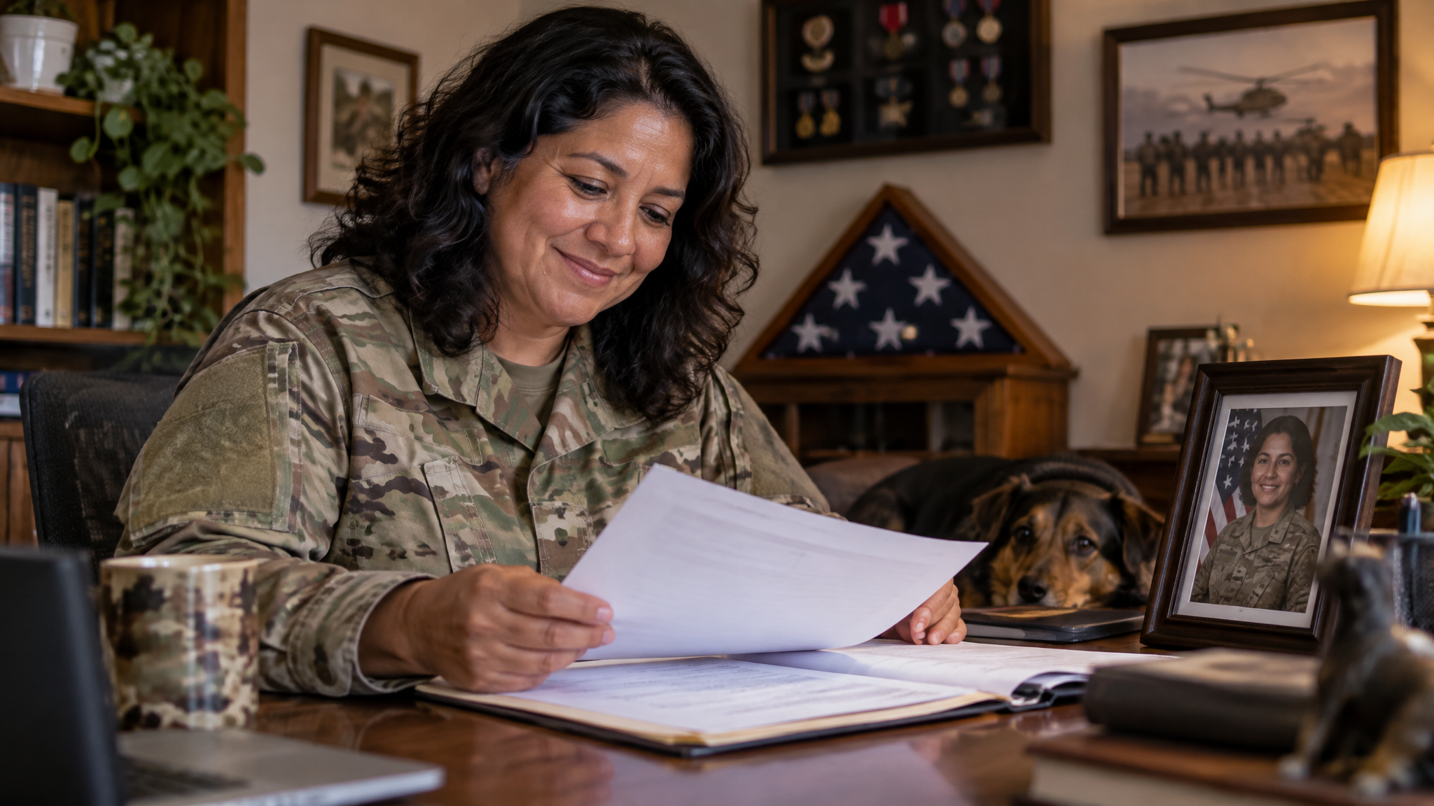 A woman veteran in an OCP jacket smiling over her adoption paperwork
