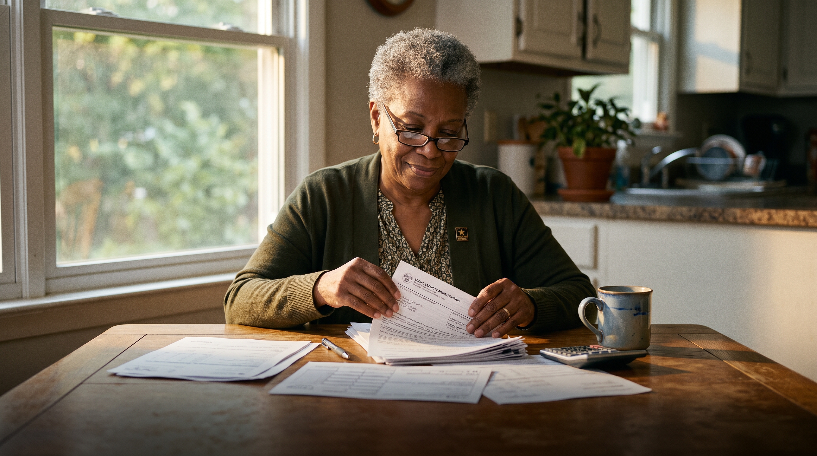 Older veteran organizing income documents and a Social Security statement at a kitchen table