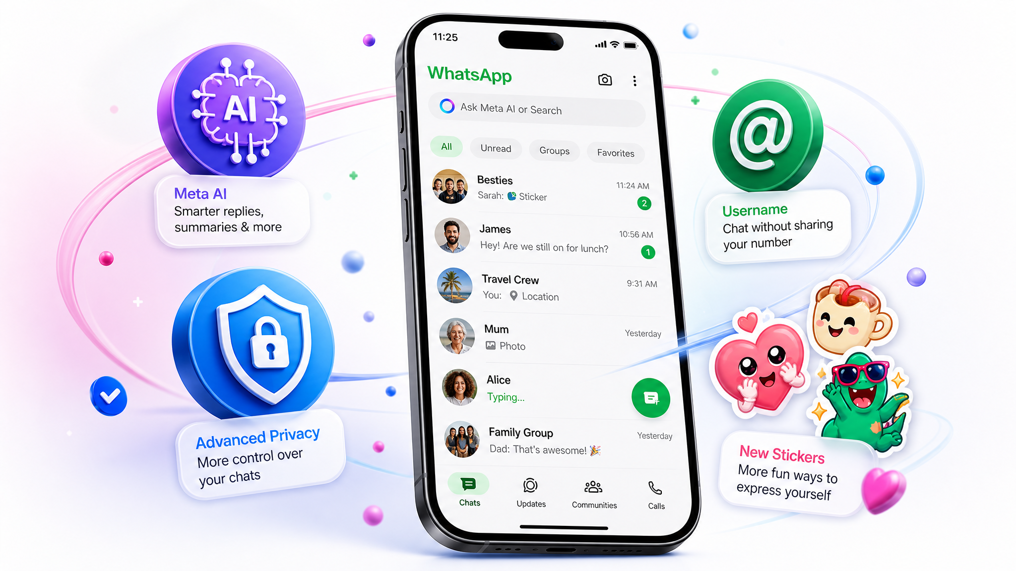 Smartphone con WhatsApp rodeado de iconos flotantes de nuevas funciones como IA y privacidad