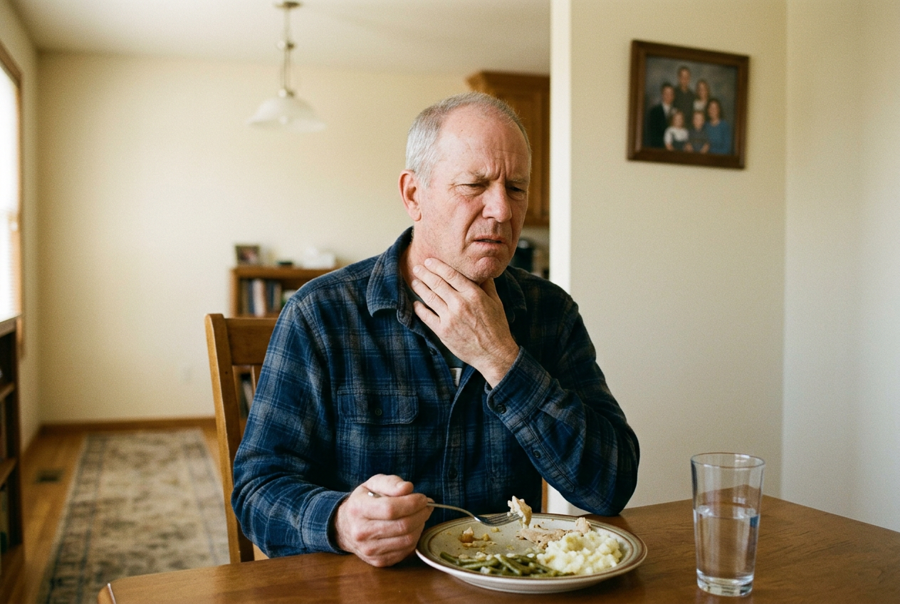 White male veteran in his 60s at a dining table with one hand at his throat showing a pained expression from difficulty swallowing