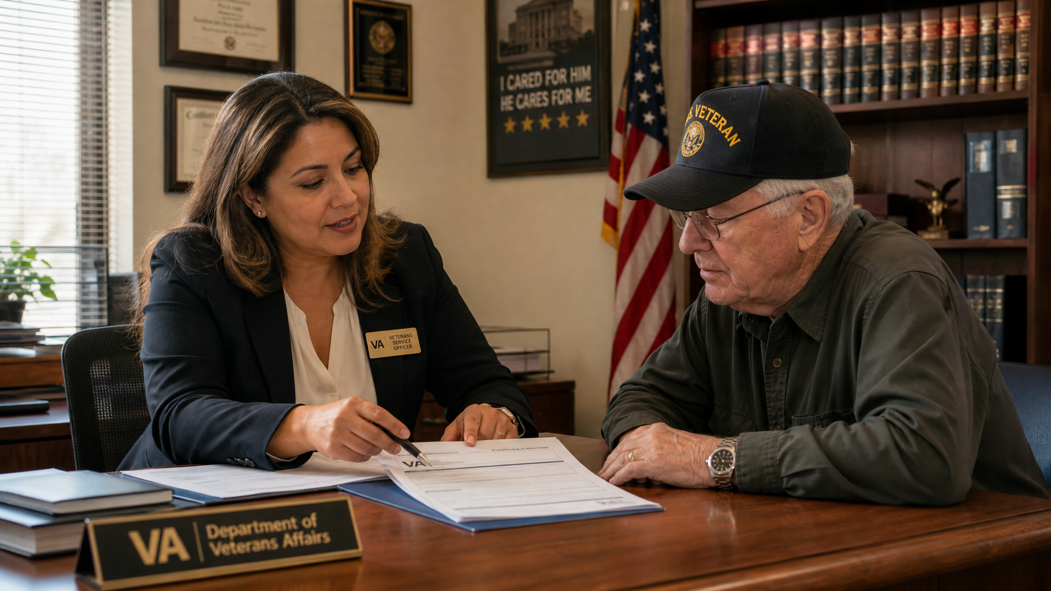 A VA-accredited agent consulting with an elderly veteran