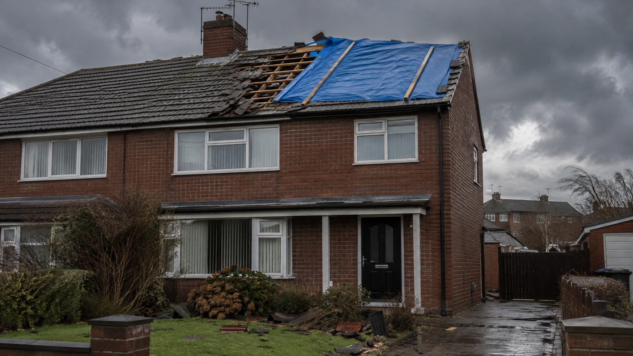 Storm damaged UK roof with tarpaulin cover