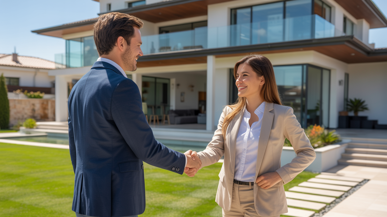 Real estate agent shaking hands with client - partnership concept