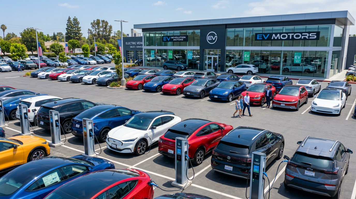 Electric vehicles on a car dealership lot with charging stations