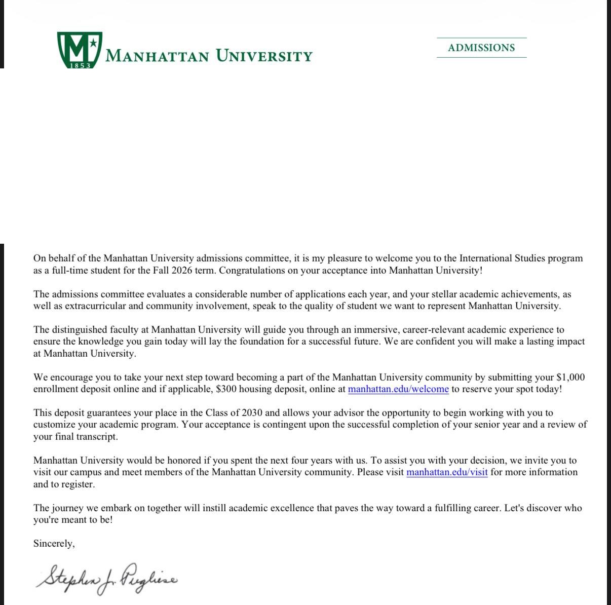 Manhattan University admission letter