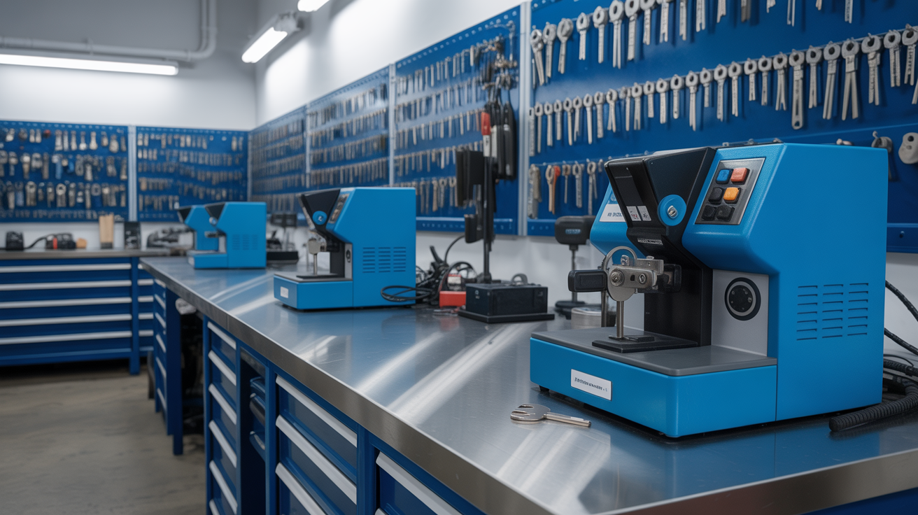 Professional automotive locksmith workshop with advanced key coding equipment