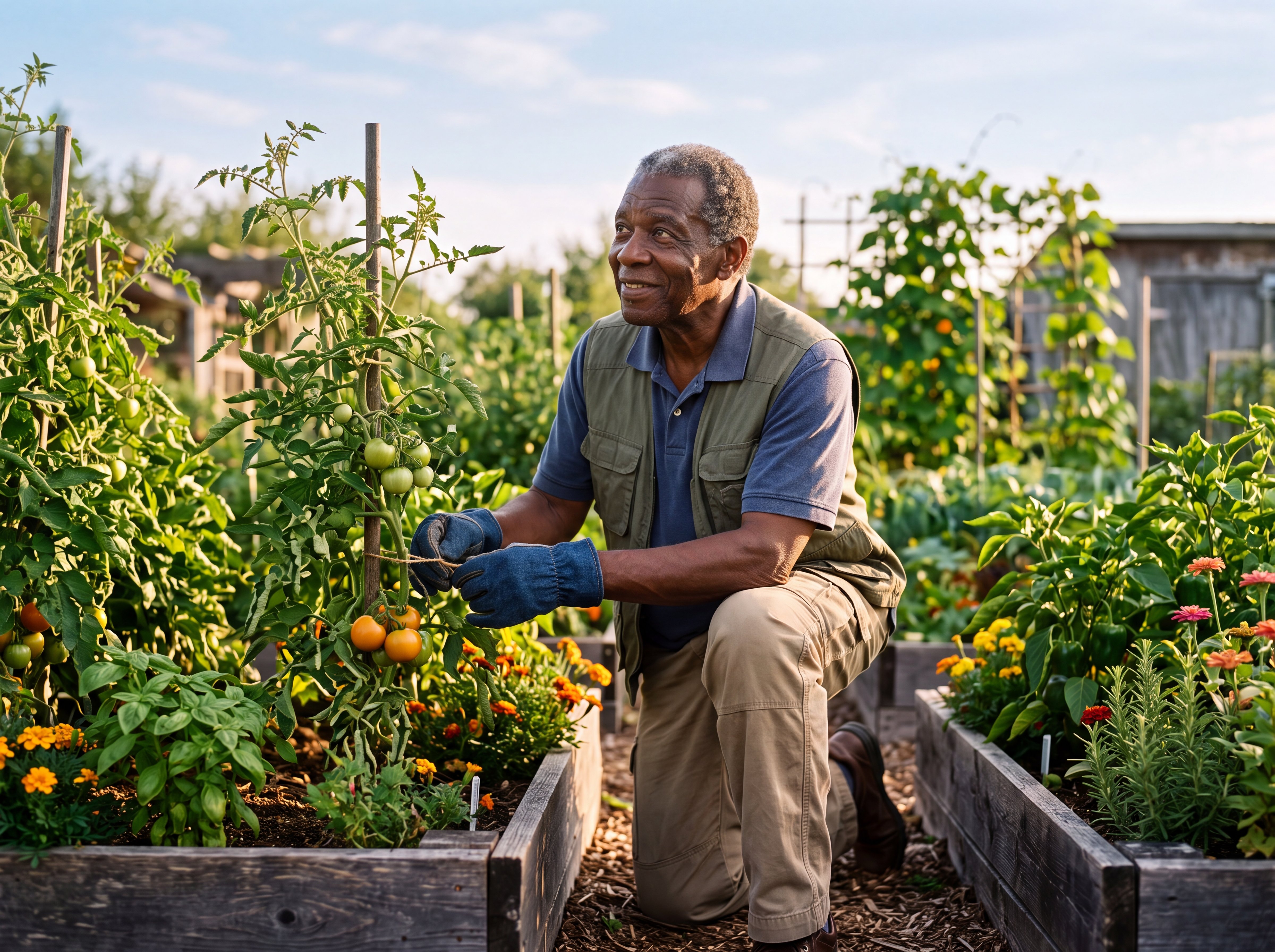 An active senior Black veteran tending his vegetable garden on a sunny morning