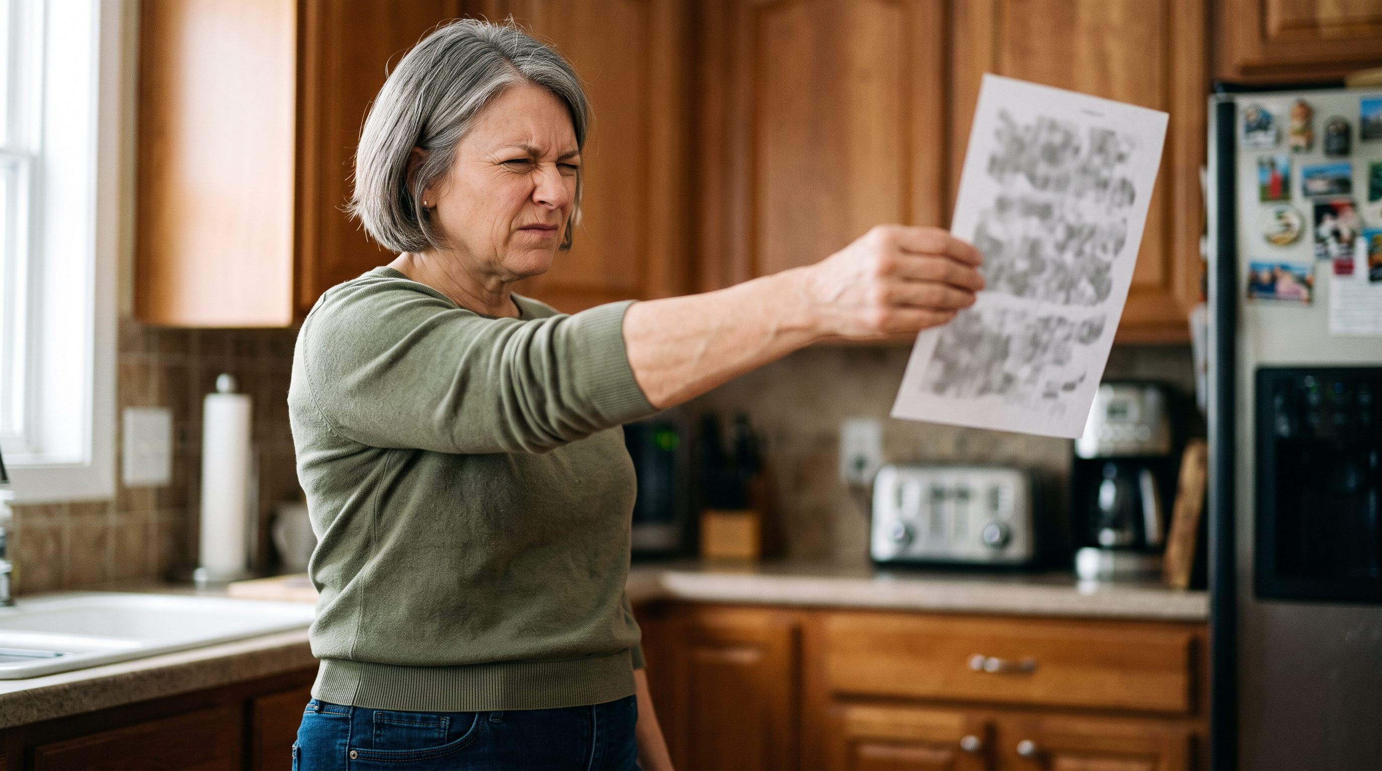 White female veteran holding reading material at arm's length and squinting, struggling with blurred vision
