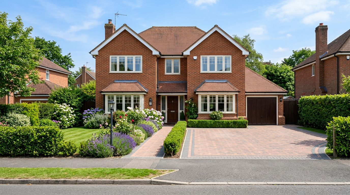 UK detached brick house with a new block paving driveway